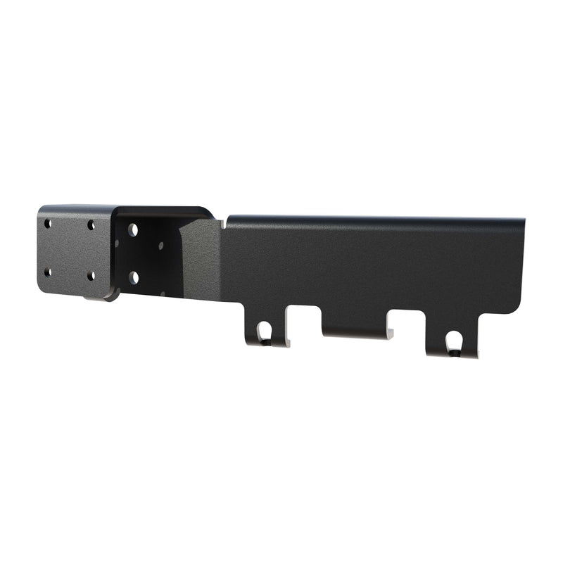 Constructed from black metal, the Arkon Mounts Ford Transit 2020–2025 Mounting Bracket features a rectangular design with multiple holes, three notched cutouts along one edge, and several mounting points for easy attachment to other surfaces. Compatible with AMPS mounting base systems, it allows for straightforward no-drill installation in Ford Transit models from 2020 to 2025.