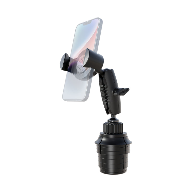 The Arkon Mounts Phone Cup Holder Mount with RoadVise® XL Holder - 25mm is a black, adjustable solution that securely holds your smartphone in a vertical position, featuring a flexible arm and strong grip—ideal for anyone seeking the versatile convenience of a tablet holder for their car.