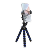 The RoadVise® XL 11 inch Tripod Mount Phone and Midsize Tablet Holder, with black and blue segmented flexible legs, is shown upright against a white background—ideal for content creation or as a versatile phone and tablet holder.