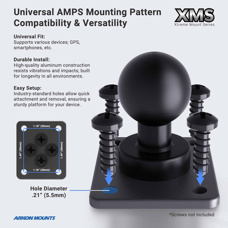 The 7.25 inch Metal Robust Forklift Front Guard VESA Mount features a square metal mounting plate with a central ball joint, AMPS 1.181 x 1.496 hole pattern, and includes four screws—designed for durable and easy warehouse vehicle installation.