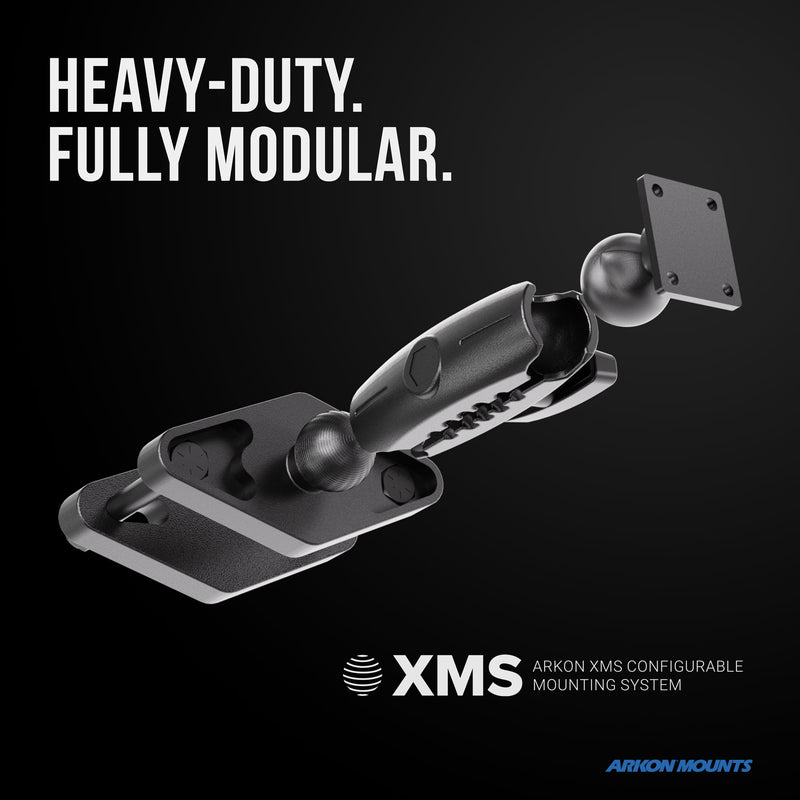 A modular and heavy-duty mounting system featuring ball-and-socket joints and rectangular plates—perfect for use as a robust tablet or forklift mount. Text reads: HEAVY-DUTY. FULLY MODULAR. XMS™ Heavy Duty Forklift Mount with AMPS Adapter Plate by Arkon Mounts. Arkon Mounts logo in blue.