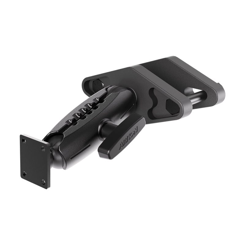 The Arkon Mounts XMS™ Heavy Duty Forklift Mount with AMPS Adapter Plate is a black, adjustable bracket featuring a small rectangular AMPS adapter plate and a tightening knob, designed for secure installation of tablets on flat surfaces.