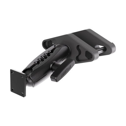 The Arkon Mounts XMS™ Heavy Duty Forklift Mount with AMPS Adapter Plate is a black, adjustable bracket featuring a small rectangular AMPS adapter plate and a tightening knob, designed for secure installation of tablets on flat surfaces.