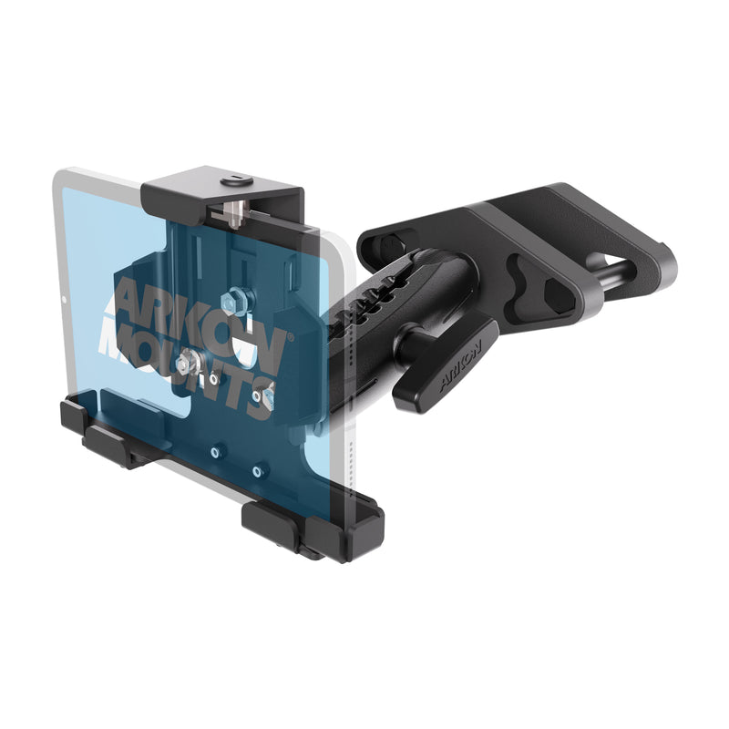 A black XMS™ Heavy Duty Forklift Mount with LockVise™ Metal Locking Tablet Holder from Arkon Mounts, featuring adjustable arms and a mounting bracket, is designed to securely hold a transparent device displaying the Arkon Mounts logo.