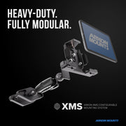 Exploded view of the XMS™ Heavy Duty Forklift Mount with LockVise™ Metal Locking Tablet Holder, displaying its modular components separated, with text HEAVY-DUTY. FULLY MODULAR. and XMS Arkon XMS Configurable Mounting System on a black background—a perfect illustration of an industrial tablet mounting system engineered for demanding environments such as forklift tablet mount applications.