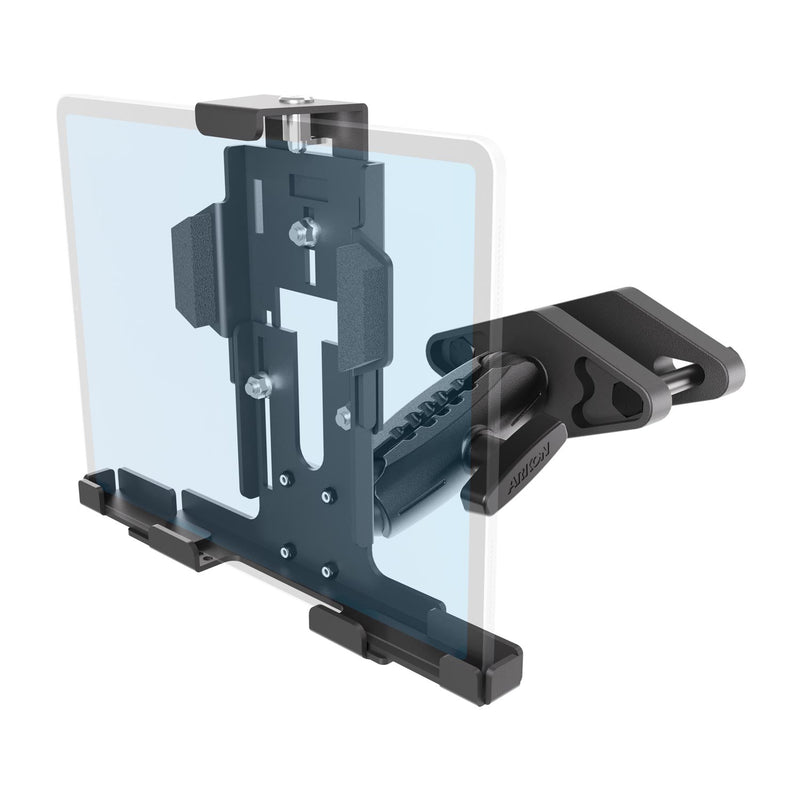 The XMS™ Heavy Duty Forklift Mount with LockVise™ Metal XL Locking Tablet Holder, finished in black and silver, is mounted securely on a flat surface to hold a transparent tablet for easy viewing or use—making it an ideal warehouse tablet mounting solution.