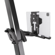 A close-up of the XMS™ Heavy Duty Forklift Mount with LockVise™ Metal XL Locking Tablet Holder, securely mounted to a metal stand and holding a white tablet in landscape orientation. Ideal for warehouse tablet mounting, this holder features adjustable clamps and durable black hardware.
