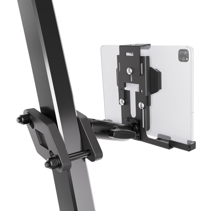 A close-up of the XMS™ Heavy Duty Forklift Mount with LockVise™ Metal XL Locking Tablet Holder, securely mounted to a metal stand and holding a white tablet in landscape orientation. Ideal for warehouse tablet mounting, this holder features adjustable clamps and durable black hardware.
