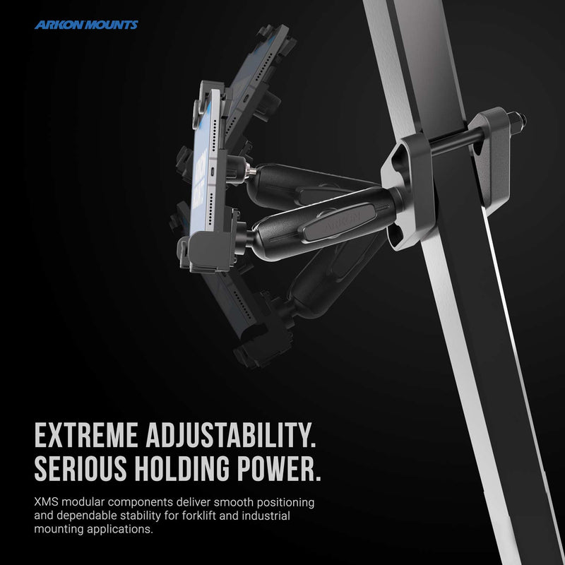 A sturdy black mounting arm holds a device, demonstrating adjustable angles. Text reads: Extreme adjustability. Serious holding power. The blue Arkon Mounts logo appears at the top left. Detailed text describes industrial use, emphasizing the XMS™ Heavy Duty Forklift Mount with LockVise™ Locking Tablet Holder as a reliable solution for robust warehouse tablet mounting systems and secure locking tablet holder applications on forklifts.
