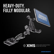 Exploded view of the XMS™ Heavy Duty Forklift Mount with LockVise™ Locking Tablet Holder, engineered as the ultimate warehouse tablet mounting solution. Features a robust locking tablet holder, with the text HEAVY-DUTY. FULLY MODULAR., and a tablet screen displaying ARKON MOUNTS. The XMS™ logo and product description appear at the bottom.