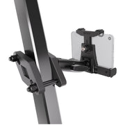 A black metal clamp attached to a vertical beam holds the XMS™ Heavy Duty Forklift Mount with LockVise™ Locking Tablet Holder, featuring an adjustable arm that securely grips a smartphone in landscape orientation—mirroring the robust and secure design commonly found in warehouse tablet mounting systems.