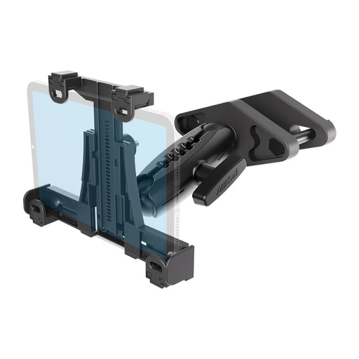 The XMS™ Heavy Duty Forklift Mount with LockVise™ Locking Tablet Holder features a black design with a blue-tinted transparent backing, adjustable arms, and a clamp mechanism for securely holding your device—making it an ideal solution for keeping tablets safe. The image displays a close-up of this versatile mount against a white background.