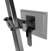 A monitor is securely mounted on a vertical metal pole using the XMS™ Heavy Duty Forklift Mount with Dual Utility Mounting Bracket from Arkon Mounts, forming part of a robust warehouse device solution. The back of the monitor and the VESA AMPS compatible mounting hardware are visible, ensuring stable placement in demanding environments.