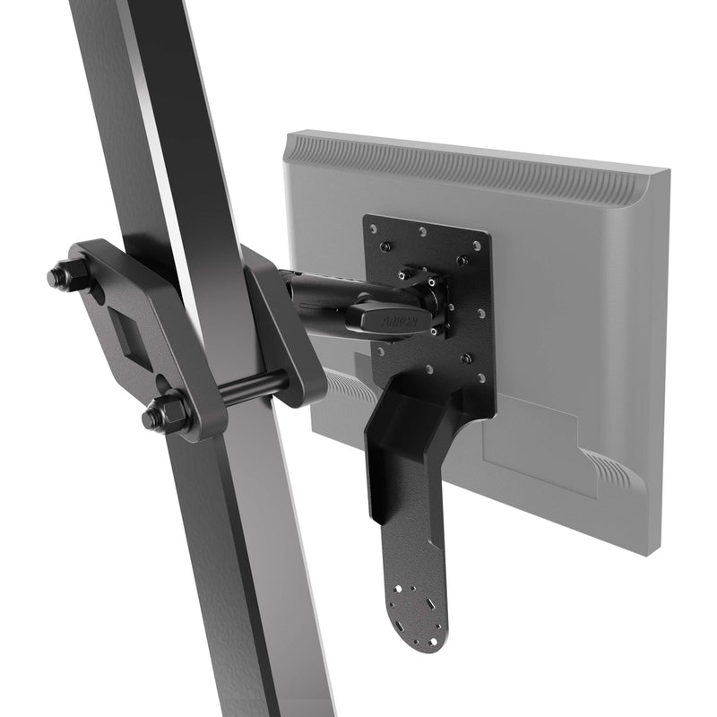A monitor is securely mounted on a vertical metal pole using the XMS™ Heavy Duty Forklift Mount with Dual Utility Mounting Bracket from Arkon Mounts, forming part of a robust warehouse device solution. The back of the monitor and the VESA AMPS compatible mounting hardware are visible, ensuring stable placement in demanding environments.