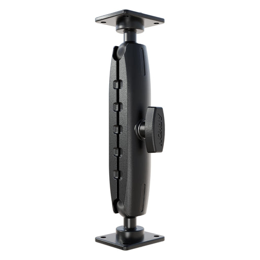 The XMS 7.75 Aluminum AMPS Drill-Base Mounting Pedestal features black, heavy-duty aluminum with square end plates, a central tightening knob, and 25mm compatibility for secure device or equipment installation.