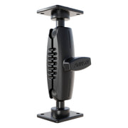 The XMS 5 Aluminum AMPS Drill-Base Mounting Pedestal is a black, industrial-grade adjustable arm with dual rectangular base plates and a central locking knob, ridged grip, and pivots at both ends for rugged tablet mounting. 25mm compatible.