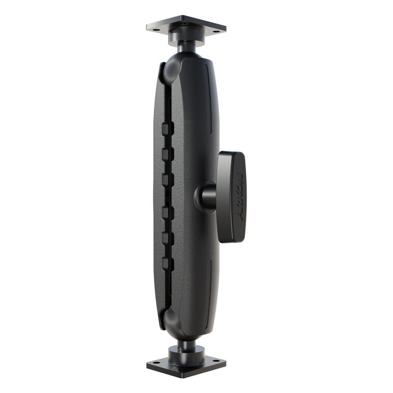The Arkon Mounts XMS 11.25″ Aluminum AMPS Drill-Base Mounting Pedestal features a black metal and plastic vertical latch with a central rotating handle, textured grip, and square mounting plates at both ends for secure installation as part of an industrial-grade 38mm-compatible mount, shown against a white background.