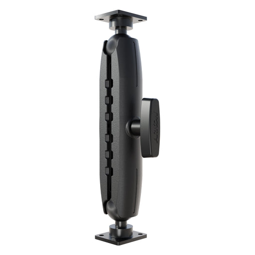 The Arkon Mounts XMS 11.25″ Aluminum AMPS Drill-Base Mounting Pedestal features a black metal and plastic vertical latch with a central rotating handle, textured grip, and square mounting plates at both ends for secure installation as part of an industrial-grade 38mm-compatible mount, shown against a white background.