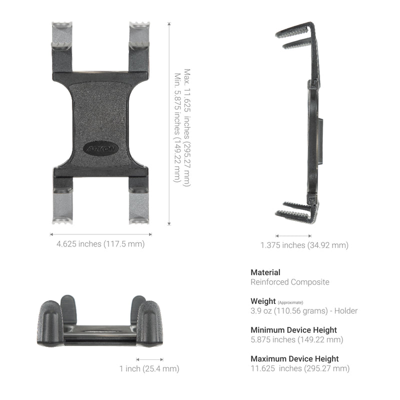 Technical specifications of a car mount device on a white background