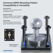 The Metal 4-Hole AMPS to 17mm Ball Adapter features a heavy-duty build with four screw holes, large screws, and a mounted ball joint. Universal fit, durable metal design, easy setup, and mounting dimensions are highlighted. Arkon Mounts logo is shown below.