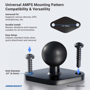 A diagram displays the RoadVise® Clamp Mount with Metal Diamond Mounting Pattern, featuring labeled universal fit, durable install, and easy setup. Compatible with Arkon RoadVise; .24 (6.2mm) hole diameter; screws not included.