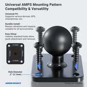 Introducing the Cup Holder Mount with Metal AMPS Mounting Pattern - 25mm: a sturdy black mounting plate featuring a ball joint and four screw holes, accompanied by four large screws. Universal AMPS fit ensures compatibility with a wide range of device holders for flexible and versatile setups. Designed for easy installation and long-lasting durability, this mount offers both convenience and reliability. An illustration details the precise hole diameters and spacing for proper fitment.