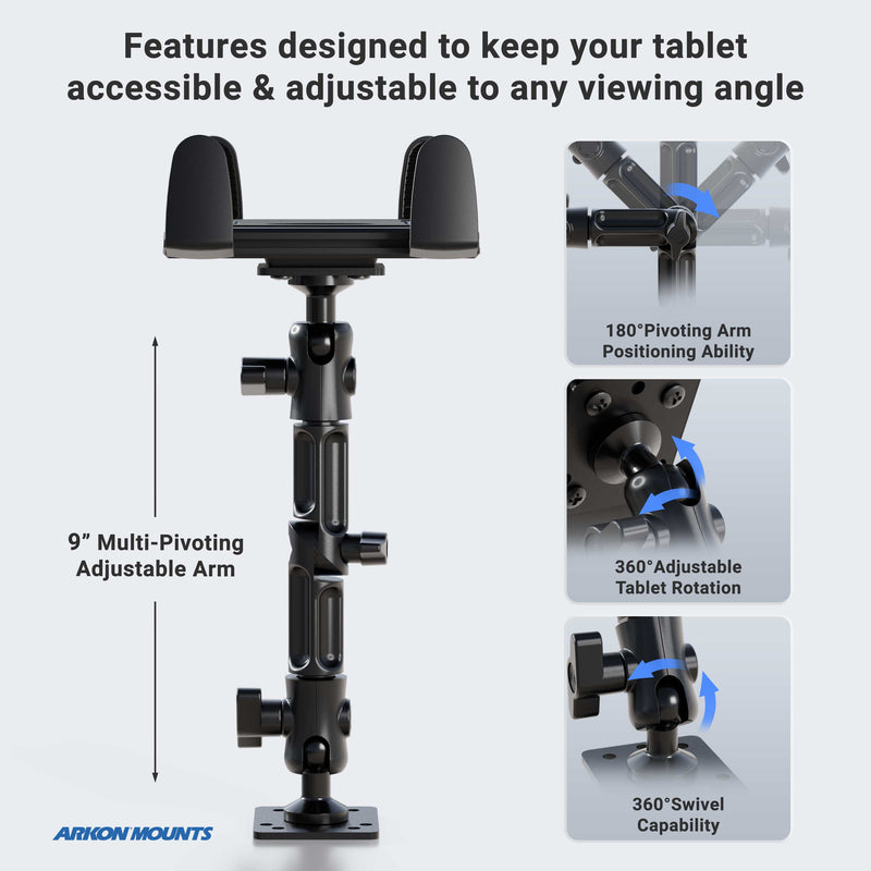 Slim-Grip® Tablet Holder with Drill-Base Mount and 8 multi-angle arm features 180° pivot, 360° tablet rotation, and a swivel base. Insets highlight each feature. Arkon Mounts logo appears at the bottom left.