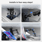 A four-step instructional graphic showing how to install and adjust a Slim-Grip® Ultra Pro Tablet Mount with 8″ Adjustable Arm & AMPS Drill Base on a vehicle dashboard.
