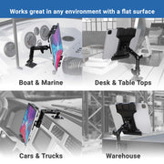 Four panels show the Slim-Grip® Ultra Pro Tablet Mount with 8″ Adjustable Arm & AMPS Drill Base mounted on a boat, a desk, in a vehicle, and in a warehouse, demonstrating its versatility on different flat surfaces.