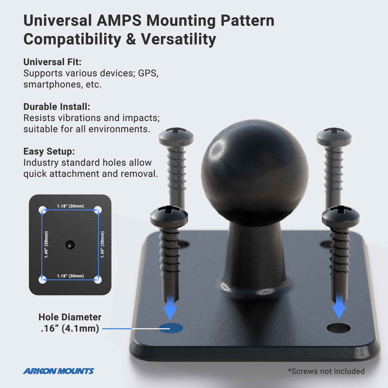 The 4-Hole AMPS mounting to 22mm Ball Adapter is shown in black with four screws. An inset diagram details hole spacing and diameter. Text notes its compatibility, durable build, and easy installation.