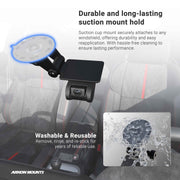 The Windshield Suction Mount for EZ Pass Toll Transponders, Bluetooth GPS Receivers, and Radar Detectors is shown on a car windshield, featuring a secure grip and washable suction cup for easy reuse like an EZ Pass mount.