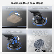Easy four-step installation for the Windshield Suction Mount for EZ Pass Toll Transponders, Bluetooth GPS Receivers, and Radar Detectors: clean surface, press suction cup to windshield, flip suction lock, wash and reuse as needed.