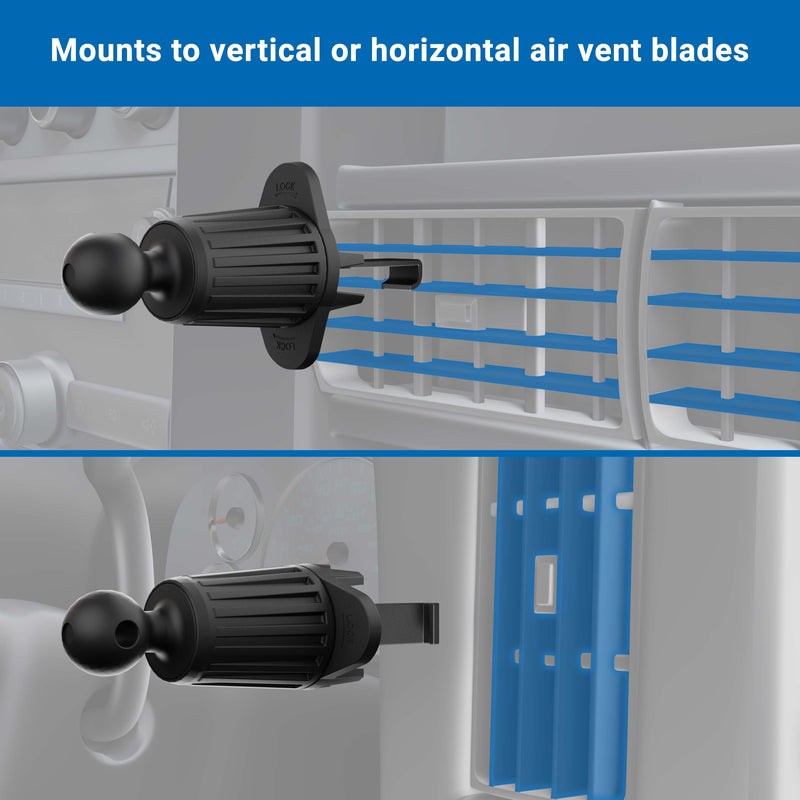 The Adjustable Car Vent Mount with 17mm Ball attaches to vertical or horizontal air vents and supports 17mm device holders, enabling hands-free phone use in different vent orientations.