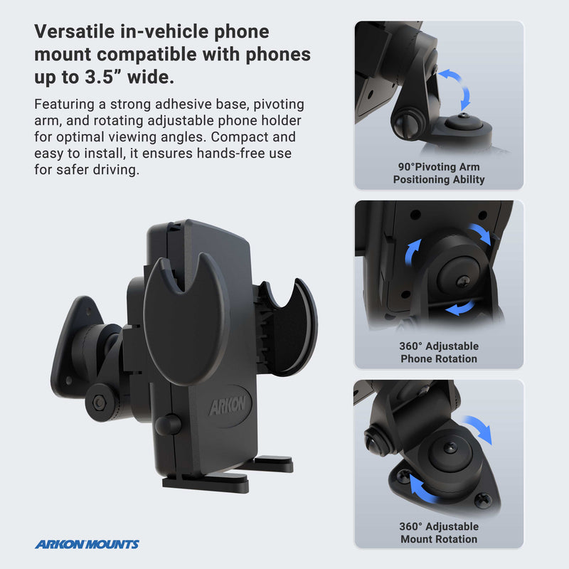 Image showing the Mega Grip™ Holder with Adhesive Mount, compatible with phones up to 3.5 wide, featuring a pivoting arm, 360° rotation, and adhesive dash mount for versatile in-car positioning.