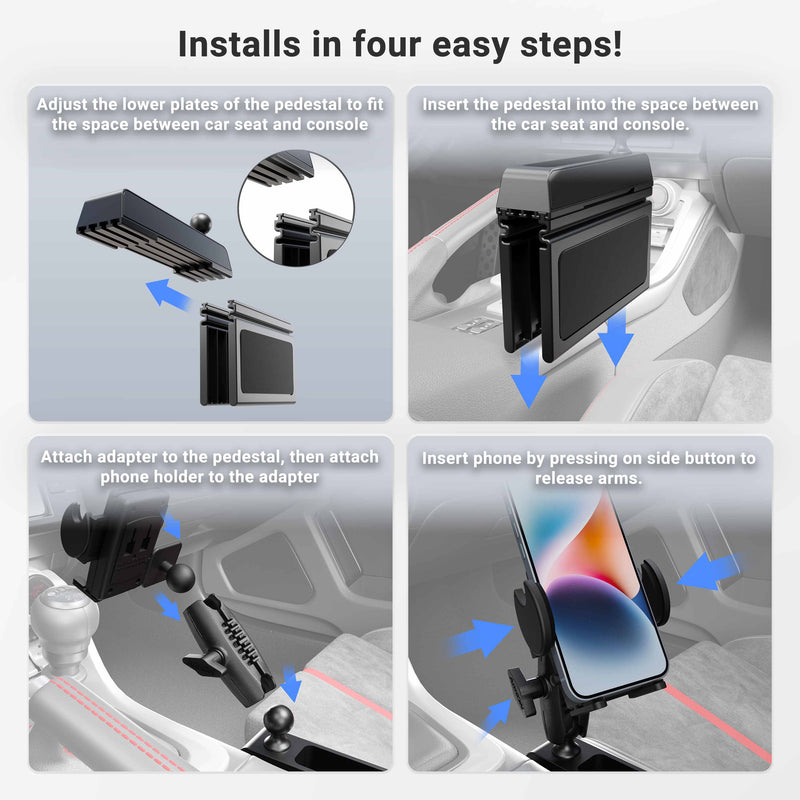Four-step Car Console Wedge Mega Grip™ Phone Mount Holder installation: Adjust lower plates, insert pedestal between seat and console, attach adapter/holder, then secure your phone hands-free by pressing the holder’s side button.