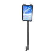 Tablet mounted on a stand with a white background
