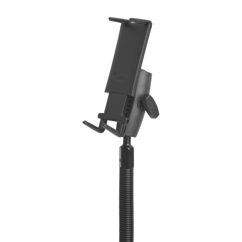 The Slim-Grip® Ultra Phone Holder with Seat Rail Mount and 18-Inch Bendable Gooseneck is a black, adjustable holder designed for hands-free use in commercial vehicles. It features a clamp mechanism and a knob for precise angle adjustment, making it an ideal seat rail mounting solution.