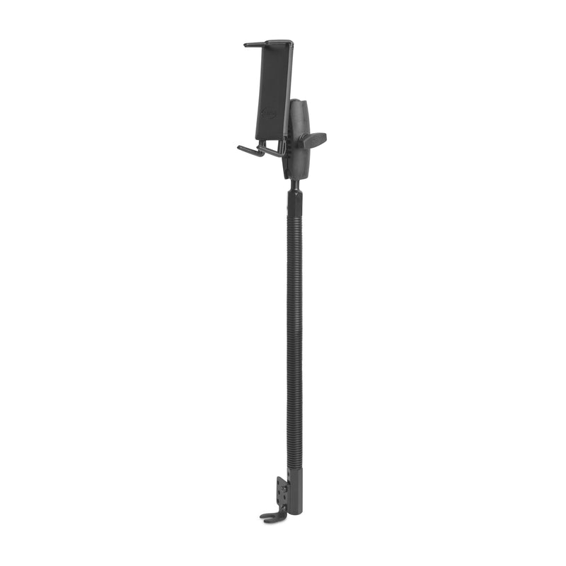 The Slim-Grip® Ultra Phone Holder with Seat Rail Mount and 18-Inch Bendable Gooseneck is a black adjustable microphone stand alternative featuring a built-in phone holder for smartphones or small devices, a flexible 18-inch gooseneck design, and a secure seat rail clamp base—making it a practical solution that also serves as a versatile commercial vehicle phone mount.