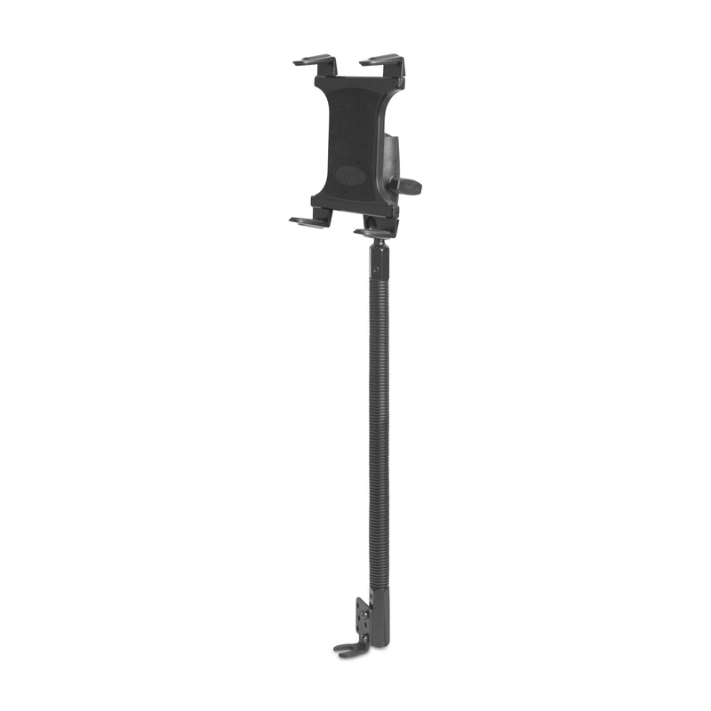 Black phone holder with a long arm on a white background
