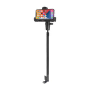 A smartphone is mounted on the Heavy-Duty Universal Locking Phone Holder with Car/Truck Seat Rail Mount—an adjustable black stand with a clamp at the base. The phone’s screen displays a grid of colorful app icons, while the heavy-duty locking holder ensures secure positioning and reliable support.