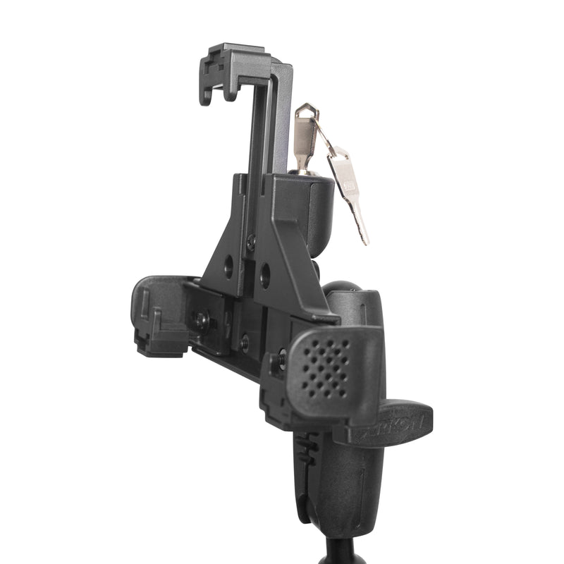 A Heavy-Duty Universal Locking Phone Holder with Car/Truck Seat Rail Mount in black, featuring two keys inserted in the lock, is photographed against a white background.