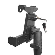 Introducing the LockVise™ Locking Tablet Holder with 18” Seat Rail Mount and 3.75” Shaft Arm—a black, adjustable locking tablet holder featuring a key inserted in the lock and a spare key attached. Constructed from durable metal and plastic components, this mount is designed for securely holding your tablet in place—ideal as a fleet vehicle or seat rail tablet mount for enhanced security and convenience.