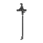 Heavy-Duty Universal Locking Phone Holder with Car/Truck Seat Rail Mount—black, adjustable mount featuring a clamp and telescoping pole, designed to securely hold a tablet or similar device, with a heavy-duty locking phone holder for universal compatibility, isolated on a white background.