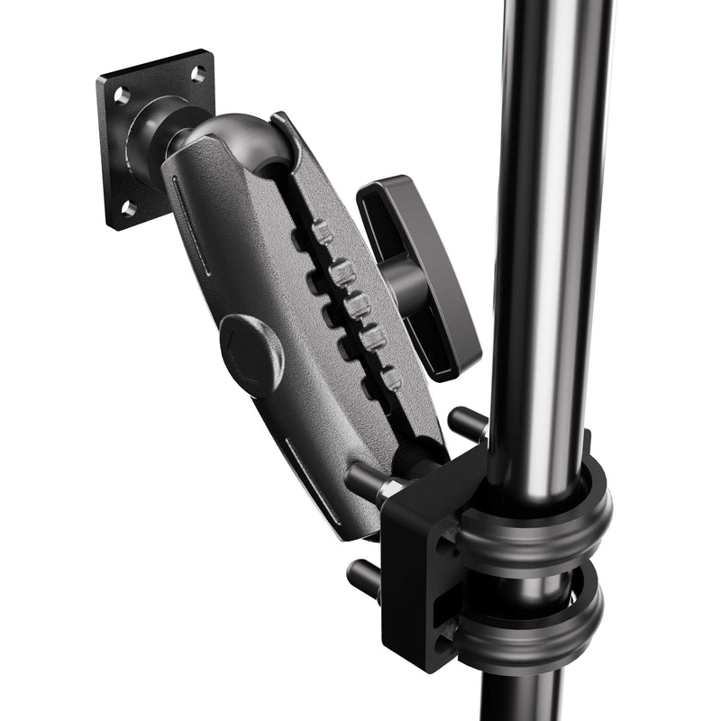A close-up of the XMS™ U-Bolt Mount with AMPS Mounting Plate clamped to a vertical pole, showcasing its adjustable metal arm, tightening knob, and sturdy wall plate as part of the XMS mounting system.