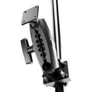 Close-up of the XMS™ U-Bolt Mount with AMPS Mounting Plate, featuring a black adjustable mounting arm, tightening knob, and AMPS plate secured to a pole using U-bolt mount clamps.