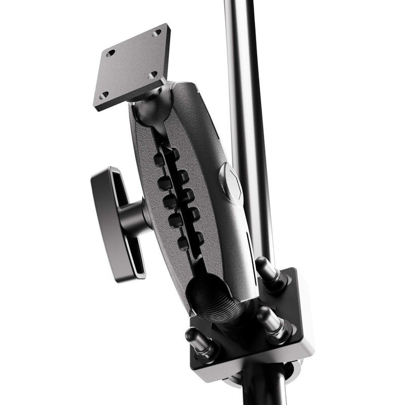 Close-up of the XMS™ U-Bolt Mount with AMPS Mounting Plate, featuring a black adjustable mounting arm, tightening knob, and AMPS plate secured to a pole using U-bolt mount clamps.