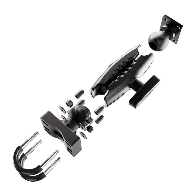 Exploded view of the XMS™ U-Bolt Mount with AMPS Mounting Plate in black metal, showing all components—including bolts, nuts, U-bolts, mounting plate, and connectors—separated and precisely aligned for assembly.