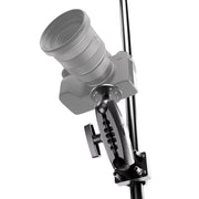 Close-up of a digital camera mounted on the XMS™ U-Bolt Mount with Camera Pedestal, featuring an adjustable arm and clamp attached to a vertical pole, isolated on a white background.