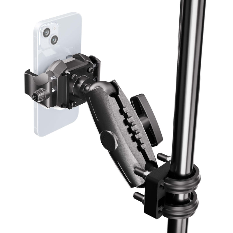 A smartphone is held by the XMS™ U-Bolt Mount with RoadVise® Ultra Phone Holder, which features an adjustable clamp and is securely attached to a vertical metal pole, making it ideal for filming or photography purposes.
