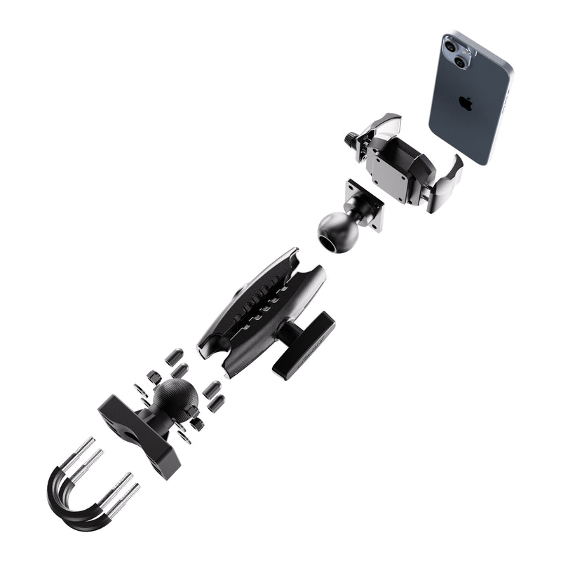 Exploded view of the XMS™ U-Bolt Mount with RoadVise® Ultra Phone Holder for bikes, showing individual components separated in a line, including clamps, the U-bolt mount, ball joints, mounting screws, and a phone securely held in the adjustable RoadVise® Ultra cradle at the end.